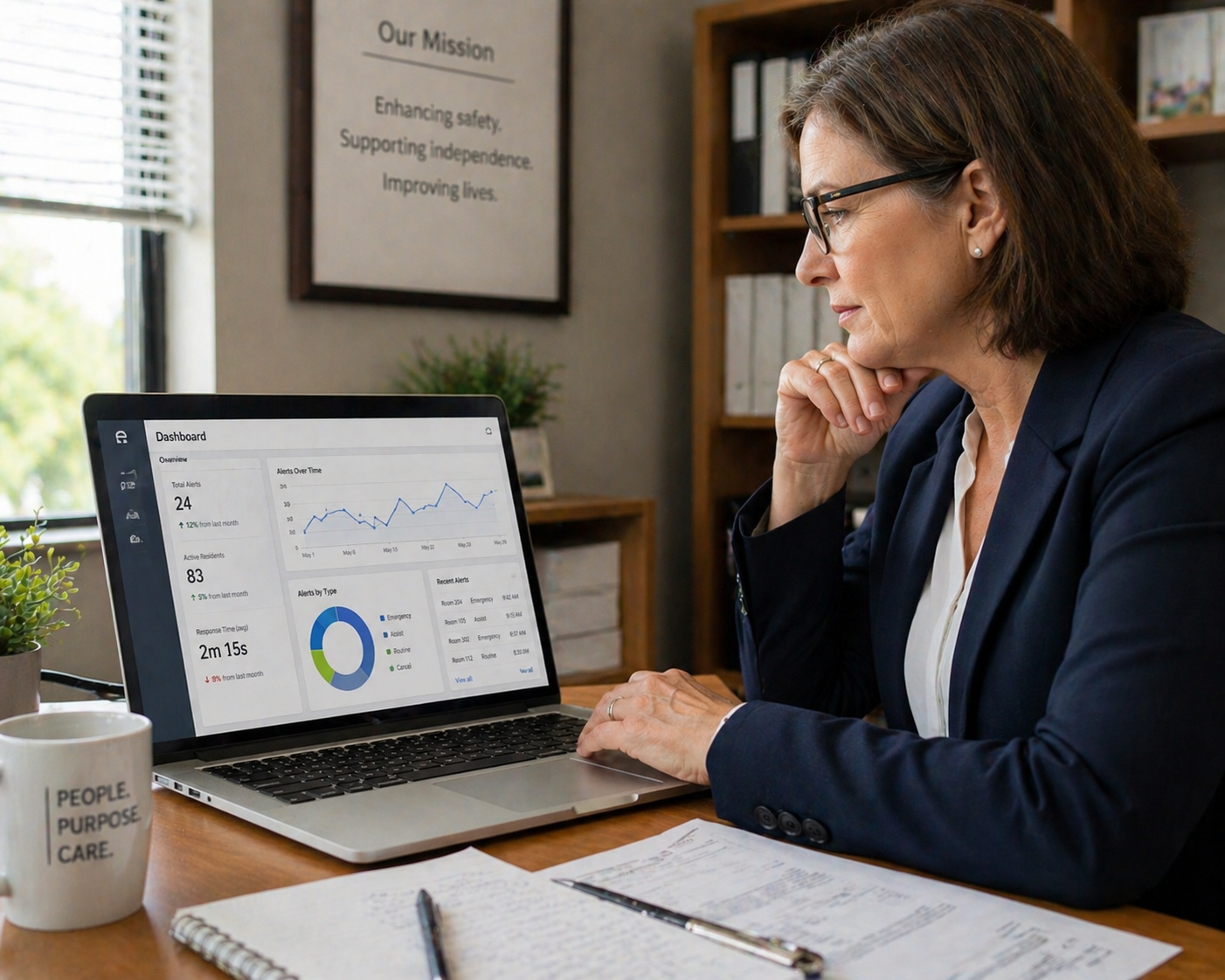 Senior living director reviewing SimplySmart analytics dashboard